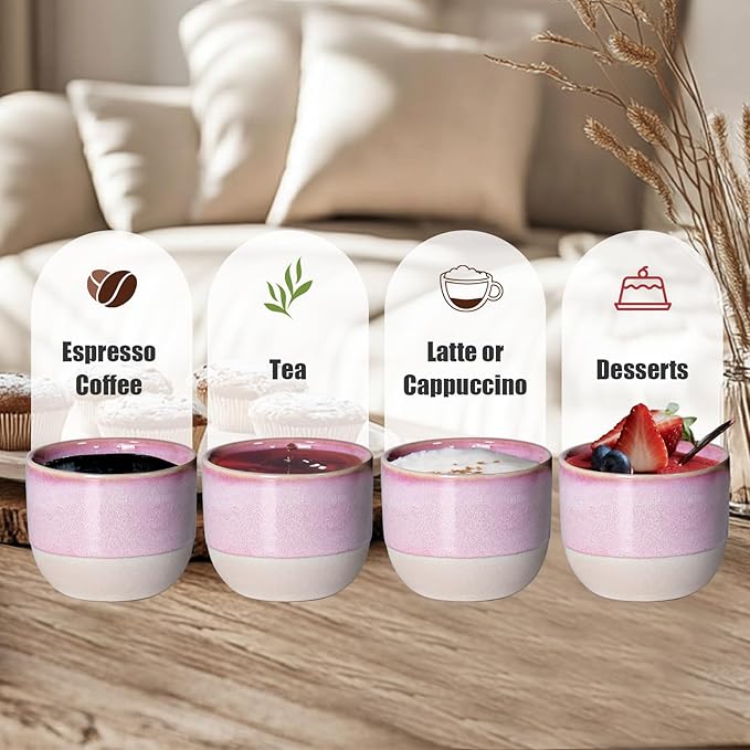 INGOFIN Ceramic Espresso Cup Set - Espresso Cup Set for Coffee and Tea, Espresso Shot Mug, Espresso Mug for Home, Kitchen and Restaurant, Microwave & Freezer Safe, Pack of 4, Pink