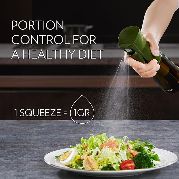 FLAIROSOL OLIVIA Oil Sprayer for Cooking, 200ml Glass Olive Oil Sprayer, Continuous Cooking Spray with Portion Control, Oil Dispenser for Kitchen, Air Fryer, Salad, BBQ (Green Bottle, Gold Print)