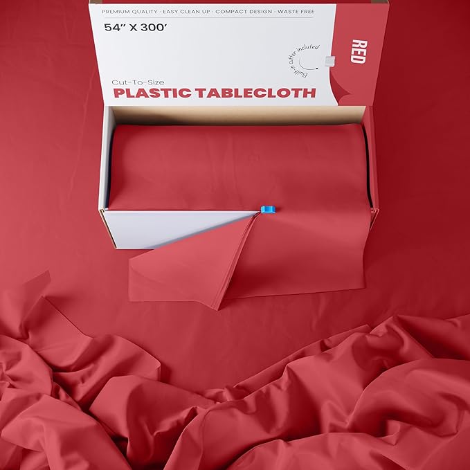 Exquisite Red 54x300in Plastic Disposable Tablecloth Roll with Built-in Cutter - 36 Rectangle Table Covers in a Box