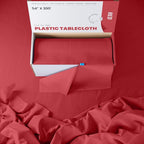 Exquisite Red 54x300in Plastic Disposable Tablecloth Roll with Built-in Cutter - 36 Rectangle Table Covers in a Box