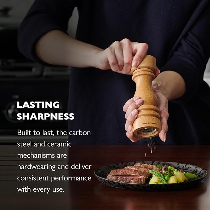 Cole & Mason London Refillable Spice Mill - Kitchen & Home Accessory - Salt & Pepper Grinder Set - Salt Mill with Ceramic Mechanism - Pepper Mill with Carbon Steel Mechanism - 5", Natural Beech