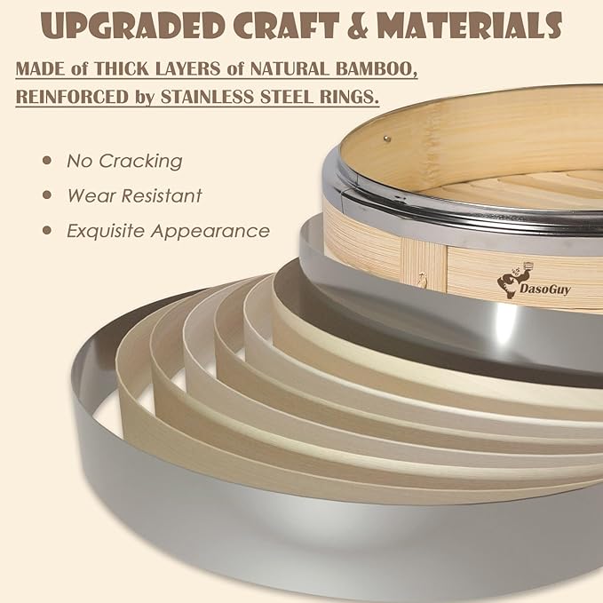 Bamboo Steamer Basket, Stainless Steel Reinforced Rim, 10-Inch 2-Tier Steamer for Cooking, 50 Liners Chopsticks Sauce Dish Dumpling Makers, Steaming Asian Food Bao Buns Dim Sum Rice Veggies Steam Pot