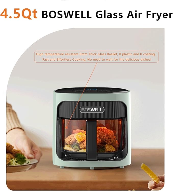 BOSWELL 6 in 1 Glass Air Fryer, 4.5QT Air Fryer with Transparent Glass Pot,Circulating Air Heating, Bake, Broil, Air Fry, Temperature Control, Dishwasher Safe (Green)