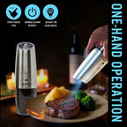 My Chef Tools - Electric Salt and Pepper Grinder Set - Rechargeable Automatic Salt Pepper Mill - USB C Charging - LED Light Illumination - Adjustable Coarseness - 2 Pack Silver