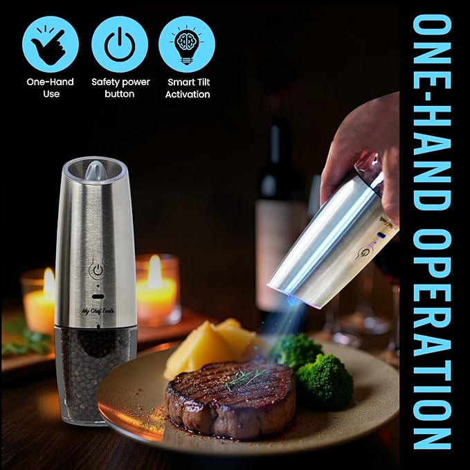 My Chef Tools - Electric Salt and Pepper Grinder Set - Rechargeable Automatic Salt Pepper Mill - USB C Charging - LED Light Illumination - Adjustable Coarseness - 2 Pack Silver