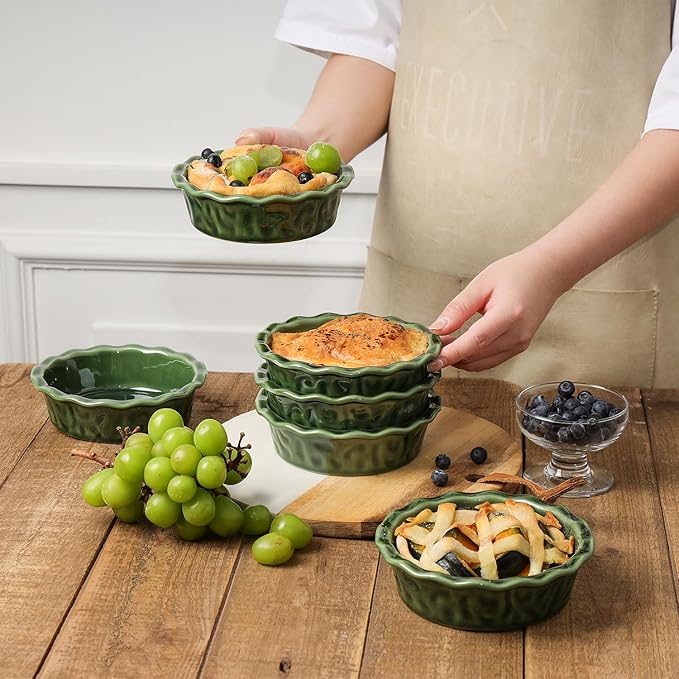 Vicrays Ceramic Pie Pan for Baking - 5.5 inch Small Pie Plates Deep Dish Round Pot Casserole Mini Serving Bowl, Microwave Oven Safe for Dessert Apple Pie Cake Tart Pizza, Set of 6 - Green