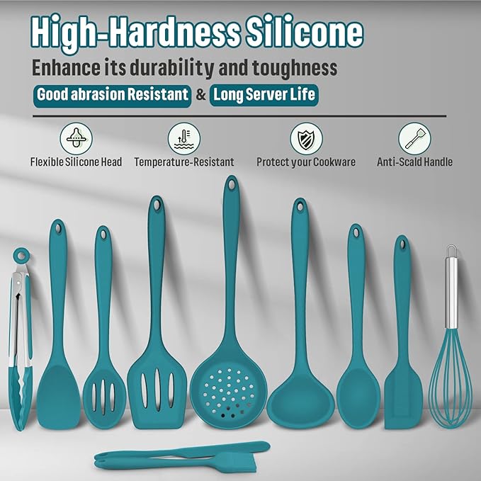 Silicone Kitchen Utensils Set, E-far 23 Pcs Blue Cooking Utensils Tools with Holder for Nonstick Cookware, Include Spatula/Spoon/Ladle/Tongs/Turner, Heat Resistant & Nontoxic, Dishwasher Safe