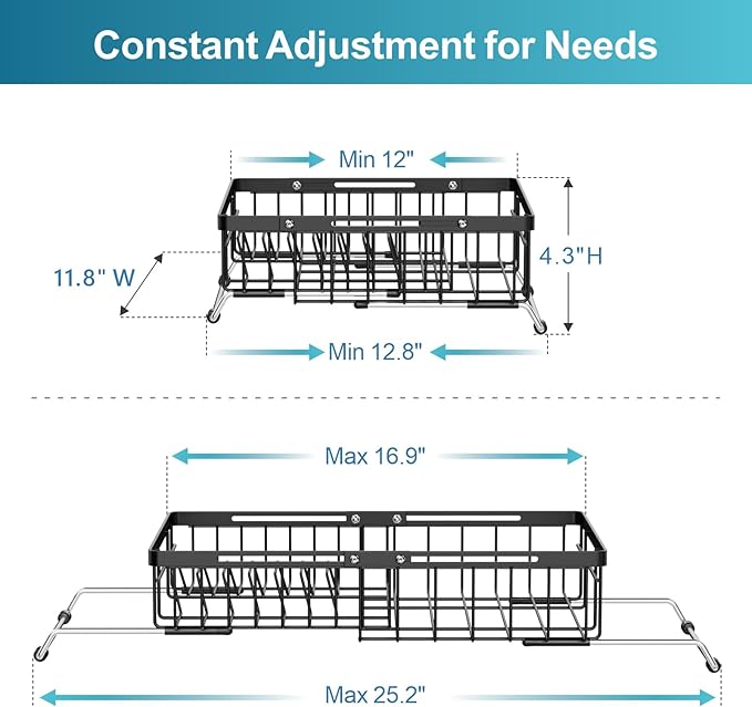 iSPECLE Over Sink Dish Drying Rack - Expandable Capacity Dish Rack for Kitchen Counter, Fits Any Sink Type, 12"~16.9" L x 11.8" W, Black