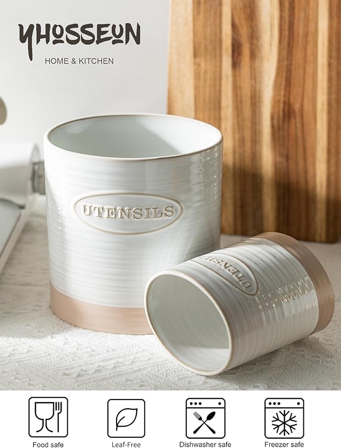 YHOSSEUN Utensil Holder Set of 2, Ceramic Utensil Holder for Kitchen Counter, 6.7"+5.1" Kitchen Utensil Crocks Spatula Holder for Countertop, Two-tone Finish Oval Opening