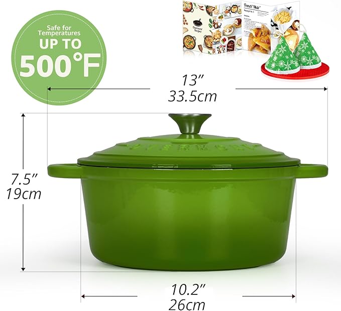 Overmont Enameled Cast Iron Dutch Oven - 5.5QT Pot with Lid Cookbook & Cotton Potholders - Heavy-Duty Cookware for Braising, Stews, Roasting, Bread Baking green