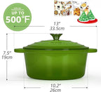 Overmont Enameled Cast Iron Dutch Oven - 5.5QT Pot with Lid Cookbook & Cotton Potholders - Heavy-Duty Cookware for Braising, Stews, Roasting, Bread Baking green