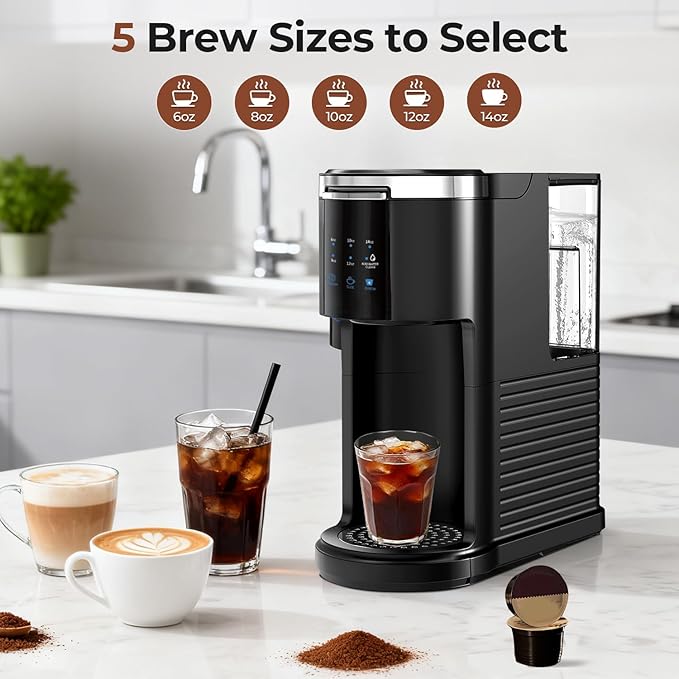 Single Serve Coffee Maker for 2 in 1 K Cup Pods & Ground Coffee,6 to 14 Oz Brew Sizes,40oz Removable Water Tank,Compact Portable Coffee Machine for Home,Black