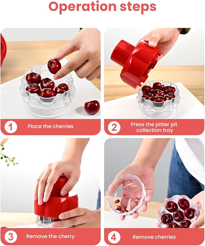 Cherry Pitter Tool, Multiple Fruit Seed Remover, 7-Cherry Capacity, Red and Clear