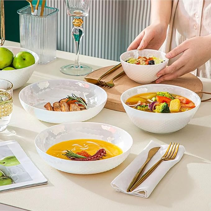 28 OZ Ceramic Soup Bowls for Kitchen White Diamond, Ultra light Set of 4 Perfect for Soup Bowls for Kitchen, Ramen Bowl, for Oatmeal, Fruit,Salad and Rice Bowl, Dishwasher & Microwave Safe (6.8 INCH)