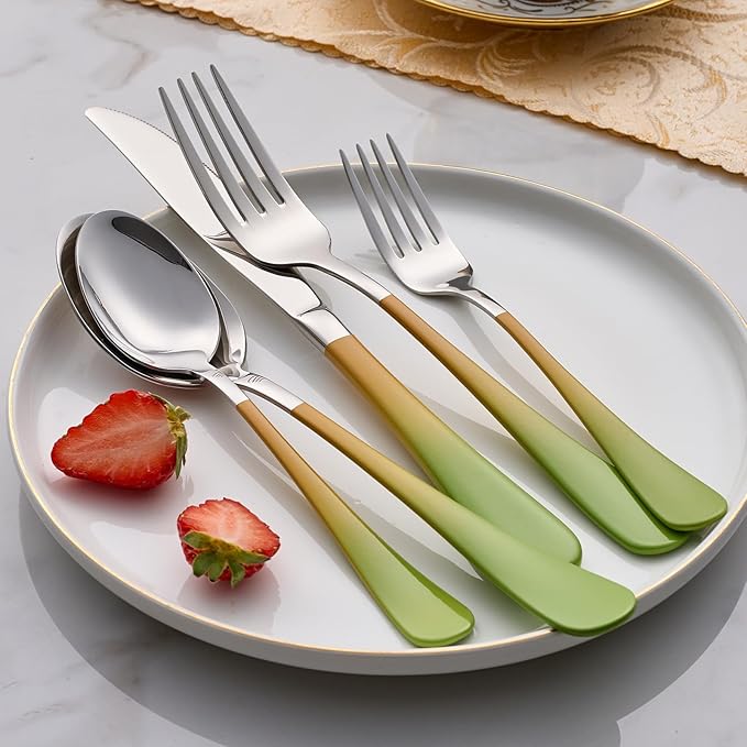 Colorful Silverware Set 20 Piece 18/0 Stainless Steel Flatware Green and Orange Handle Cutlery Set Service for 4 Fork Knife Spoon Set Mirror Finish Dishwasher Safe