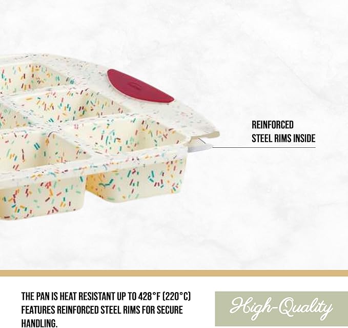 Trudeau Brownie Pan – White Confetti/Fuchsia, 12 Cavity Nonstick Bakeware for Brownies, Mini Cakes, Muffins, Dessert Bars, Easy Release, Dishwasher Safe