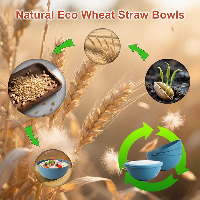 wheat straw bowls with lids set of 4, 40oz cereal bowls with covers,unbreakable salad container for lunch, dishwasher safe bowl sets for kitchen. Blue