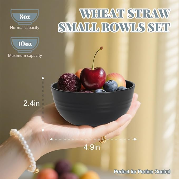 Homienly Wheat Straw Small Bowl Set of 8, Unbreakable Dessert Bowl - 10 OZ, Wheat Straw Mini Bowls for Kitchen, Kids, Microwave and Dishwasher Safe Bowls for Snack, Appetizer, Ice Cream (Black)