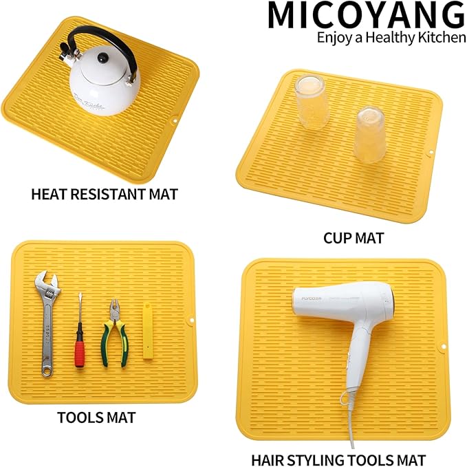 Silicone Dish Drying Mat for Multiple Usage,Easy clean,Eco-friendly,Heat-resistant Silicone Mat for Kitchen Counter or Sink,Refrigerator or Drawer Liner Yellow XL 18 inches x 16 inches