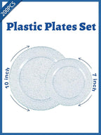 WDF 200PCS Blue Plastic Plates - Blue Glitter Plastic Plates - Heavy Duty Disposable Plates - Include 100 Dinner Plates 10" and 100 Dessert Plates 7" for Parties/Wedding/Graduation
