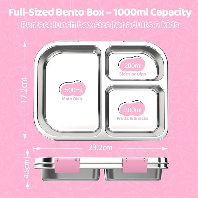 Stainless Steel Lunch Box 1000ml - 3 Compartment Bento Box for Kids & Adults, Leakproof Food Container, BPA-Free Metal Lunch Box with Silicone Seal, Eco-Friendly/Dishwasher Safe (Pink)