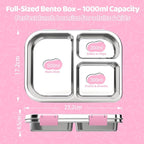 Stainless Steel Lunch Box 1000ml - 3 Compartment Bento Box for Kids & Adults, Leakproof Food Container, BPA-Free Metal Lunch Box with Silicone Seal, Eco-Friendly/Dishwasher Safe (Pink)