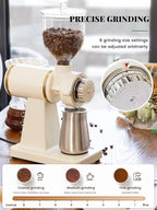 Huanyu Electric Coffee Bean Grinder 250G Commercial&Home Milling Grinding Machine 200W Automatic Burr Grinder Professional Miller 8 Fine - Coarse Grind Size Settings (White)