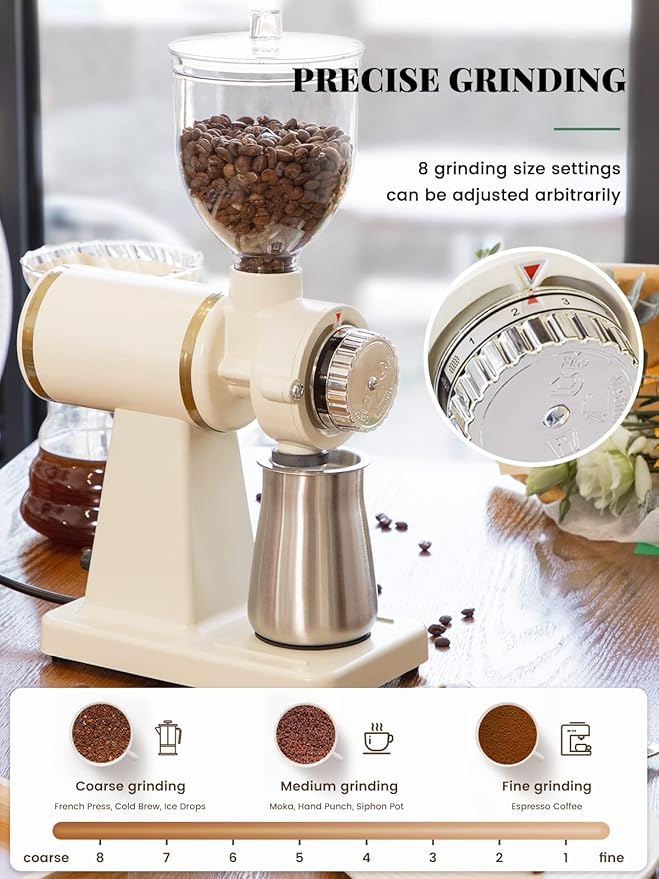 Huanyu Electric Coffee Bean Grinder 250G Commercial&Home Milling Grinding Machine 200W Automatic Burr Grinder Professional Miller 8 Fine - Coarse Grind Size Settings (White)