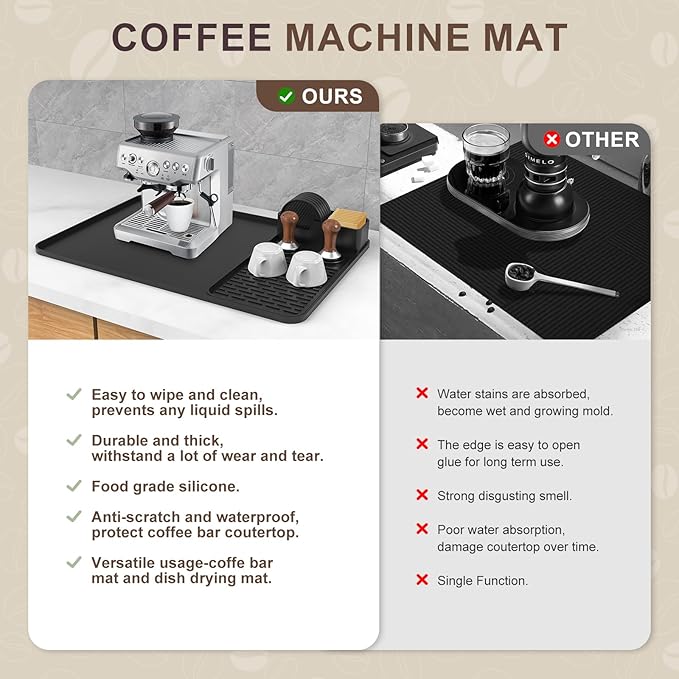 Silicone Coffee Mat with 6 Coasters,24"x16" Counter Bar Mat Fits Under Coffee Maker/Pot & Espresso Machine, Bar Aceessories,Detachable Drying Pad for Tamper,Sugar Packets,Cups & Countertop Protection
