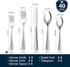 KINGSTONE Hammered Silverware Set, Flatware Set, 18/10 Stainless Steel Premium Cutlery with Unique Ripple Handles Design Mirror Polished - Dishwasher Safe (40-Piece)