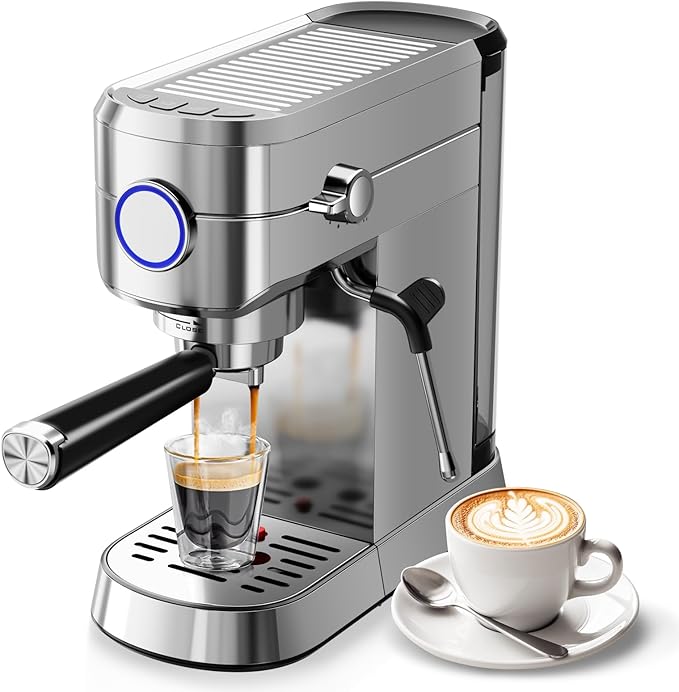 20 Bar Espresso Machine, Compact Espresso Coffee Maker with Milk Frother for Latte/Cappuccino, Auto Clean/34oz Removable Tank/Auto Shut-Off, Espresso Maker for Home/Office, Stainless Steel