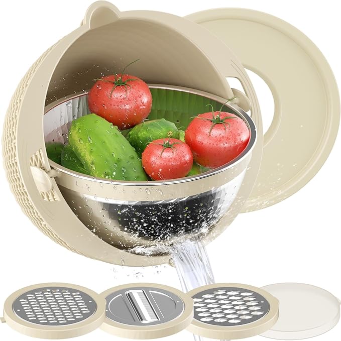 4-1 Colander with Bowl Set - Rotatable Strainers for Kitchen, Food Strainers and Colanders, Funny Presents for Women, Fruit Cleaner, Veggie Wash, Aesthetic Kitchen Gadget Essentials - Beige