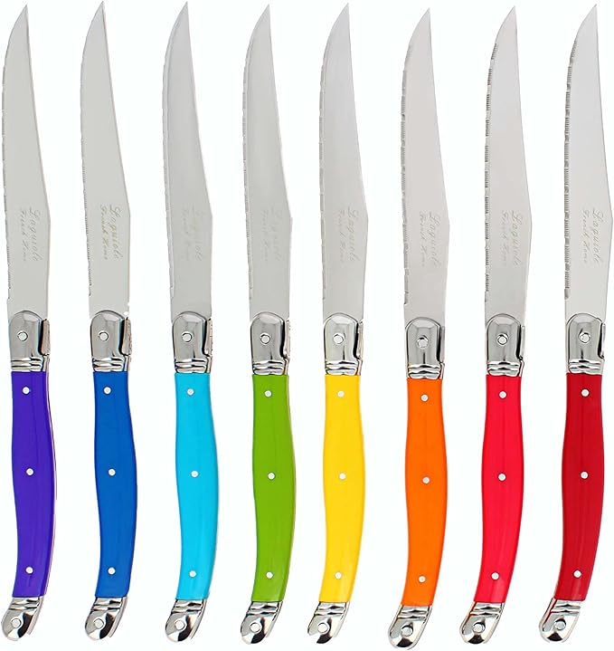 French Home Laguiole 8-Piece Steak Knife Set – Sophisticated Stainless Steel Dinner Knives with Rainbow Handles & Iconic Bee Emblem – Serrated Knives for Smooth Cutting (9.25")