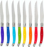 French Home Laguiole 8-Piece Steak Knife Set – Sophisticated Stainless Steel Dinner Knives with Rainbow Handles & Iconic Bee Emblem – Serrated Knives for Smooth Cutting (9.25")