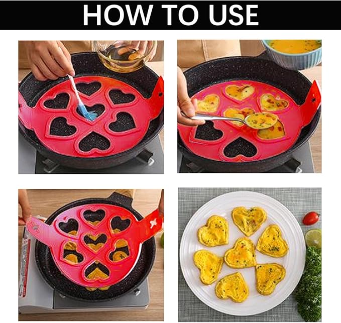 7-Cavity Pancake Maker Mold,Nonstick Silicone Egg Mold Ring with Handle for Star Heart Shape Pancake, Fried Egg, Burger - Reusable Breakfast Cooking Baking Tools for Kids（Red）