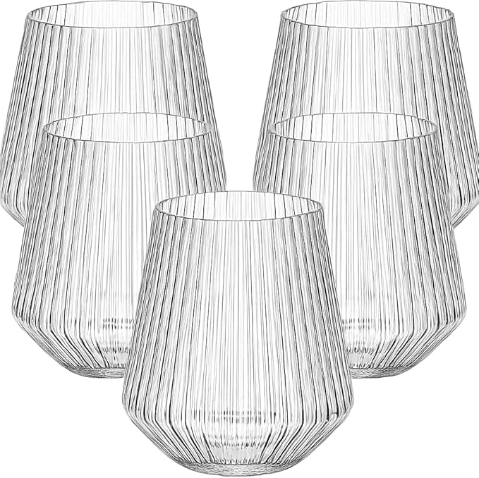 18 count origami ripple Unbreakable Stemless Plastic Wine Champagne Whiskey Glasses Elegant Durable Disposable Indoor Outdoor Ideal for Home, Office, Bars, Wedding, Ribbed 12 Ounce Cups (18, Clear)