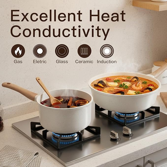 Pots and Pans Set Non Stick Non-Toxic 22 Pcs Ceramic Cookware Sets Nonstick Kitchen Pot&Pan With Lid Cream White Granite Induction Compatible with Glass Lids Crepe Frying Pan PFOA/PFOS-Free