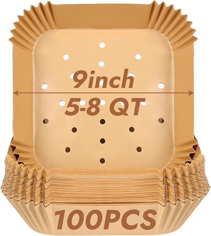 BYKITCHEN Perforated Air Fryer Liners for Ninja Pro AF141/AF181, Chefman, Instant Vortex, Cosori&5-8 QT Airfryer, 100PCS 9 Inch Disposable Air Fryer Parchment Paper Sheet Filters, Airfryer Accessories