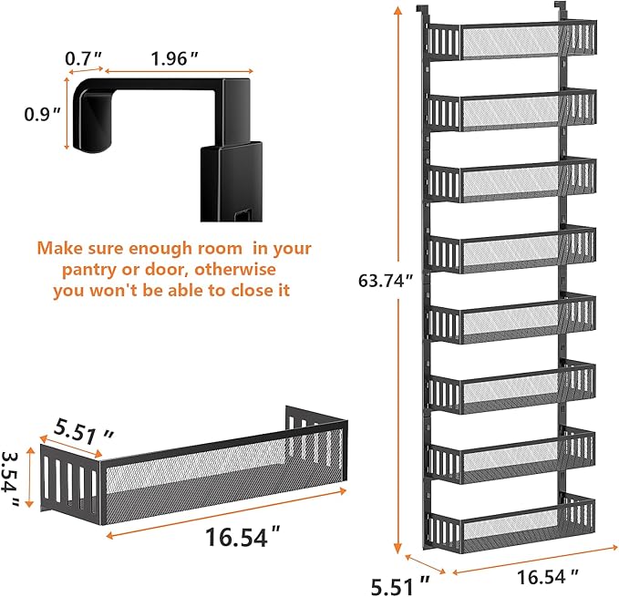 8-Tier Over The Door Pantry Organizer with Mesh Baskets, Adjustable & Stable Hanging Spice Rack for Kitchen, Bathroom, Bedroom, and Baby Essentials Storage (16" W 8-Tiers, Black)
