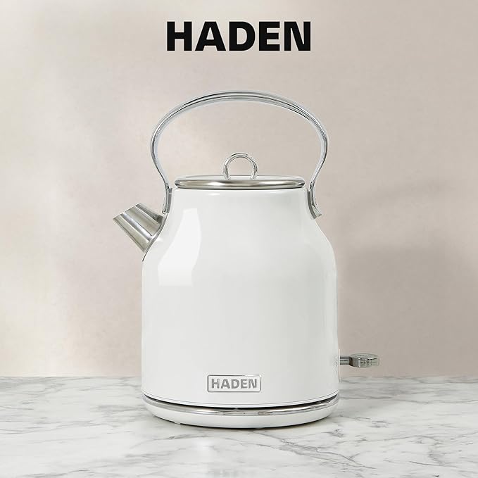 Haden Heritage 1.7 Liter Stainless Steel Electric Kettle, Hot Water Kettle with 360-Degree Base and Auto Shutoff, Ivory & Chrome