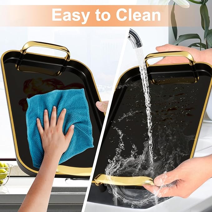 Set of 3 Serving Platters with Handles 16.5/15/13.2 Inch Reusable Large Serving Trays, Party Food Tray, Rectangular Dinner Plates for Cookie, Cake, Turkey, Cheese, Fruit, Snack(Black)