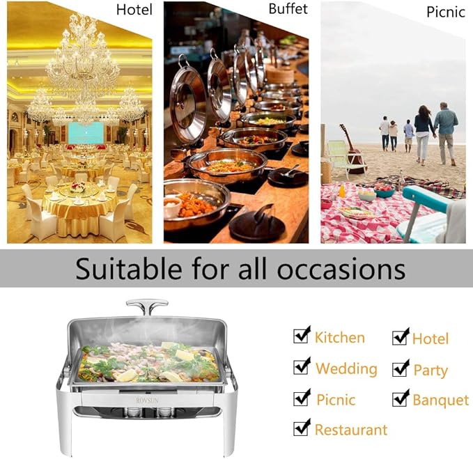 ROVSUN Chafing Dish Buffet Set, 9 Quart Roll Top Stainless Steel Chafer, NSF Rectangular Set with Food Pan, Water Pan and Fuel Holders, for Wedding, Parties, Banquet, Catering Events