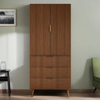 Tall Kitchen Cabinet, Pantry Cabinet with 3 Drawers 2 Doors, Storage Cabinets with Doors, Wood Cupboard with Fluted Panel Design, Tall Fluted Cabinets for Living Room, Kitchen, Walnut