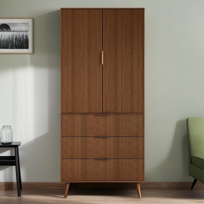 Tall Kitchen Cabinet, Pantry Cabinet with 3 Drawers 2 Doors, Storage Cabinets with Doors, Wood Cupboard with Fluted Panel Design, Tall Fluted Cabinets for Living Room, Kitchen, Walnut