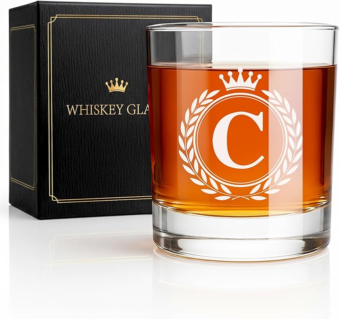 Whiskey Glasses - Rocks Old Fashioned Glass Gifts for Men, Monogrammed A-Z 10oz Personalized Whisky Glasses, Christmas Birthday Gifts for Men Him Dad Father Husband Brother Son (C)