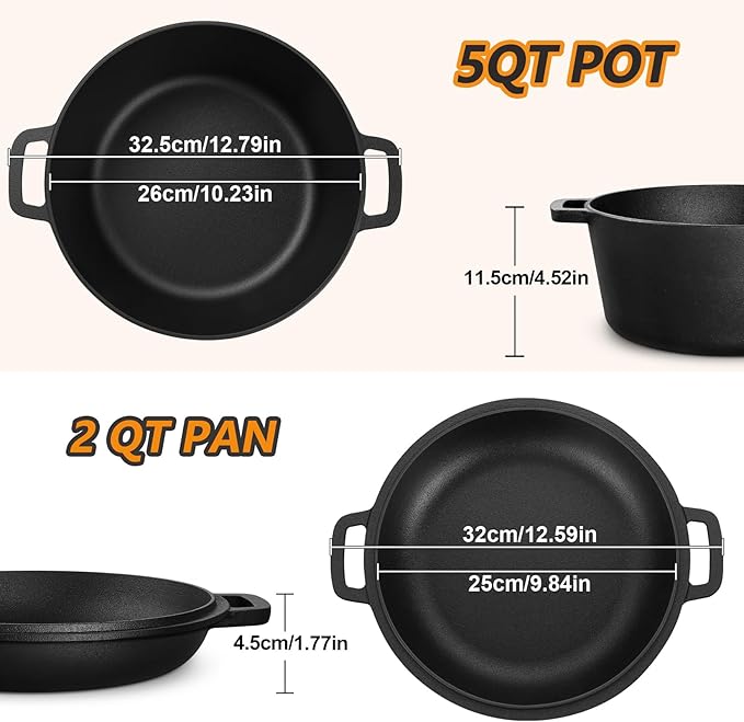P&P CHEF 5Qt Dutch Oven Pot for Bread Baking (Black), 2 In 1 Round Cast Iron Dutch Oven with Lid Set, Skillet & Pot for Roasting Braising Stewing Frying Simmering, Multi Stoves & Oven Safe