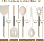 TeamFar Cooking Utensils Set, 5 PCS Silicone Kitchen Utensils with Stainless Steel Handle for Nonstick Cookware Turning Flipping Frying Draining, Heatproof & Healthy, Nonstick & Easy Clean, Khaki