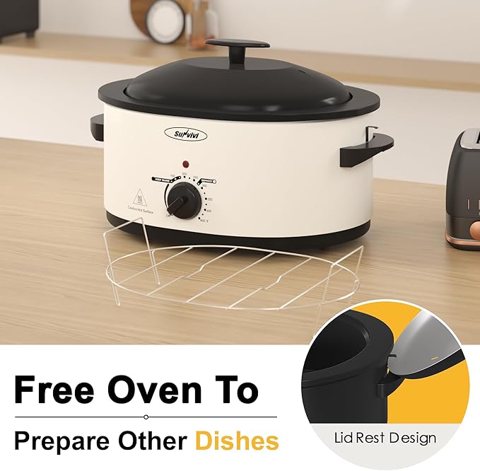 Sunvivi 8-Quart Roaster Oven with Self-Basting Lid, Electric Turkey Roaster Oven with Removable Pan and Rack, Stainless Steel, White