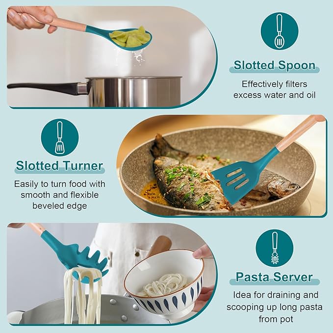 P&P CHEF Cooking Utensils Set, 6 PCS Kitchen Utensils with Wooden Handle, Silicone Spatula for Nonstick Cookware, Easy Clean & Non-toxic, Blue