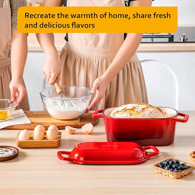 Velaze 3.6QT Dutch Oven for Bread Baking,Oval Cast Iron Enameled Bread Oven Pan with Lid and Offset Handles,Oven Safe to 500°F for Homemade Sourdough Bread(Red)